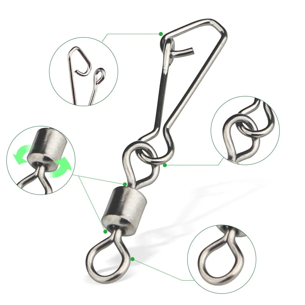 XIAOSHU 10-50PCS Pike Fishing Accessories Connector Pin Bearing Rolling Swivel Stainless Steel Snap Fishhook Lure Swivels Tackle