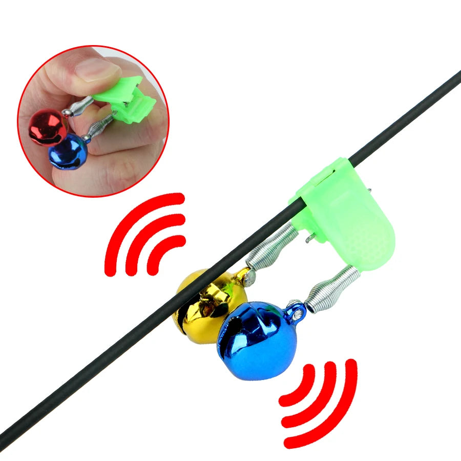 FTK 10PCS Rod Tip Clamp Fishing Pole Fish Bite Lure Alarm Alert Twin Bell Ring Clip Fishing Bells Fishing Accessory