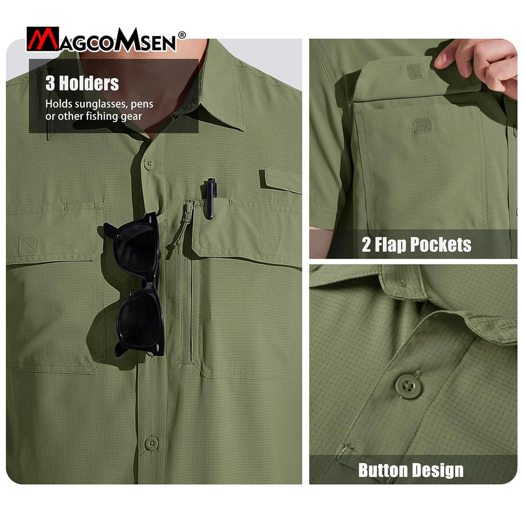 MAGCOMSEN Fishing Shirt Men's Short Sleeve UPF 50+ Sun Protection Button Down Shirt Quick Dry Breathable Shirt for Hiking Safari