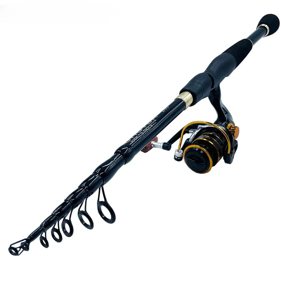 GHOTDA 1.6-2.4M Carbon Fiber Spinning Telescopic Fishing Rod Max Drag 8kg Baitcasting Reel Full Kit with Fishing Line for Bass